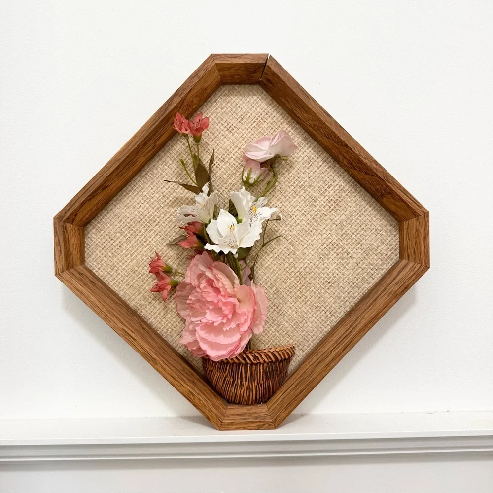 Vintage 3D Flower Wall Art Hexagonal Wooden Frame Pink White Floral Arrangement